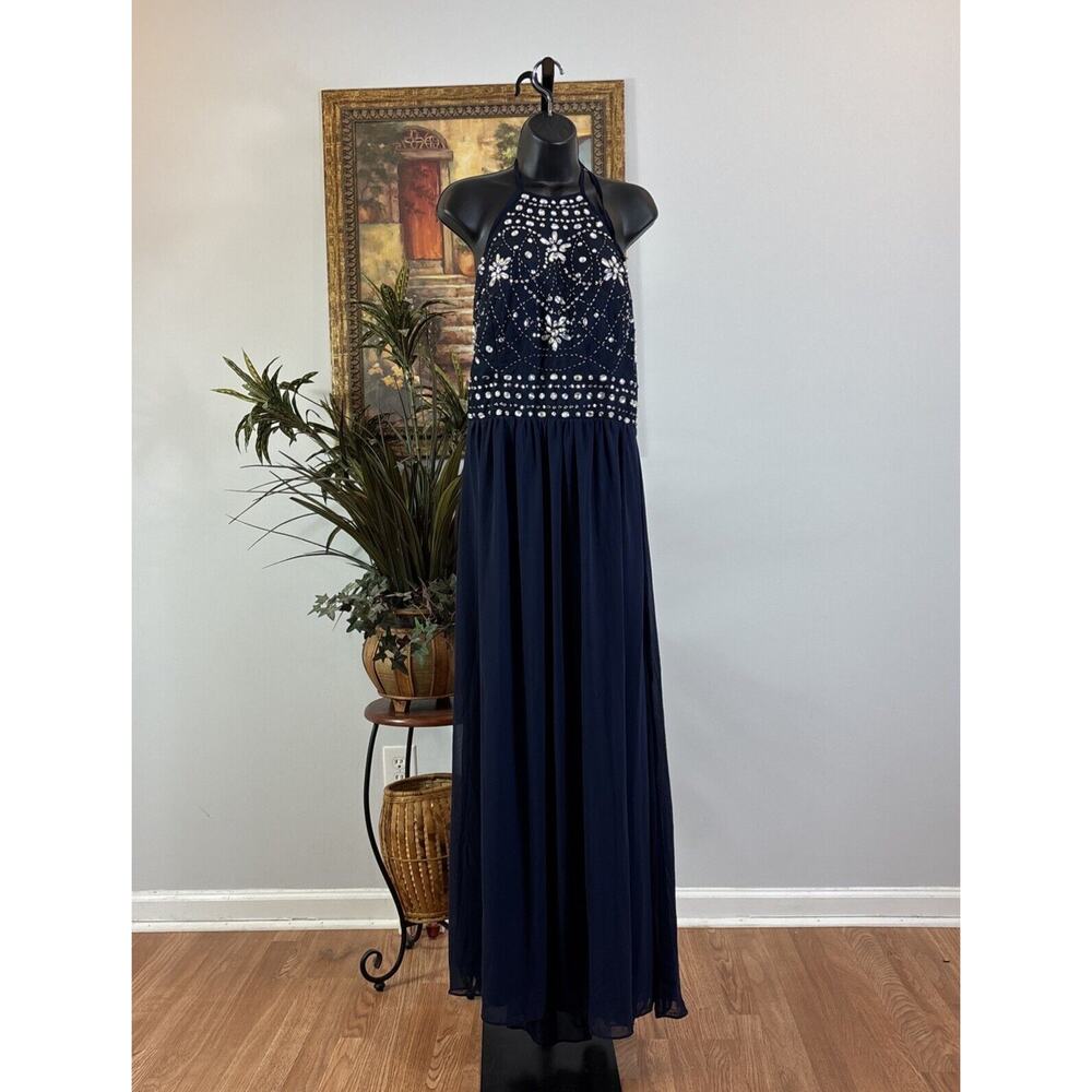 B DARLIN Womens Blue 14/15 Pleated Halter Strap Maxi Embellished Evening Dress